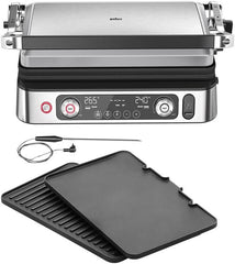 Braun MultiGrill 9 Pro CG 9160 Elektrische grill met 2 onafhankelijke thermostaten, 3 kookposities, vaatwasmachinebestendige platen, geïntegreerde thermosonde, 2200 W, zwart/roestvrij staal