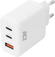 ACT 3-poorts USB-C oplader 65W, Power Delivery PPS, GaNFast adapter, Quickcharge 4+, zonder oplaadkabel USB-stekker, iPhone, MacBook Air M1/M2, Dell, HP, Lenovo, Google Pixelbook, iPad, Android