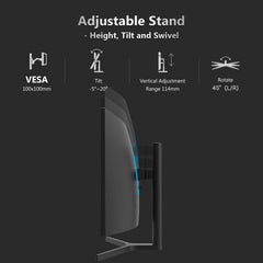 Z-Edge Gaming Monitor Gebogen 34'', 165Hz, UWQHD(3440x1440), 1ms MPRT, 21:9 met DP-kabel, AMD FreeSync, Verstelbare Standaard, 1500R VA, 300cd/m², 2*HDMI2.0 & 2*DP1.4, RGB, VESA 100 * 100mm