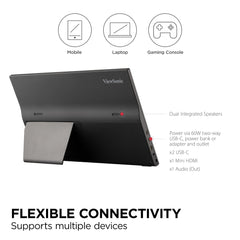 ViewSonic VA1655 40 cm (15,6 inch) draagbare monitor (Full-HD, IPS-paneel, mini-HDMI, 2x USB-C voor Raspberry Pi/Xbox/PS4/PS5, luidspreker), zwart