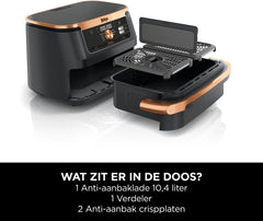 Ninja Foodi FlexDrawer Airfryer, Dubbele Zone met Verwijderbare Verdeler, Grote 10,4L Lade, 7-1, Dual Zone, Olievrij, Vaatwasmachinebestendige Onderdelen met Anti-aanbaklaag, Zwart en Koper, AF500EUCP