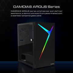 GAMDIAS PC-hoes, ATX Gaming Mid Tower, gereedschapsvrij, gehard glas zijpaneel, pre-installatie 1 x 120 mm ARGB-ventilator, ARGB-lichtstrip voorpaneel, zwart