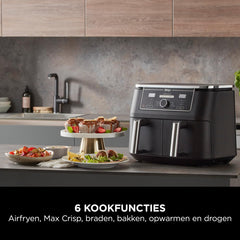 Ninja Foodi MAX Dual Zone Digitale Airfryer, 2 Laden, 9,5L, 6-in-1, Olievrij, Airfryen, Max Crisp, Braden, Bakken, Drogen, 8 Porties, Vaatwasmachinebestendige Manden Met Anti-aanbaklaag, Zwart AF400EU