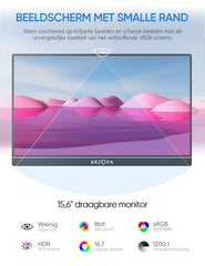 ARZOPA draagbare monitor, 15,6" 1920×1080 FHD IPS draagbaar laptopscherm met standaard, ultradun tweede scherm voor laptop/PC/Mac/PS3/4/5/Xbox - USB C en HDMI-connectiviteit - A1