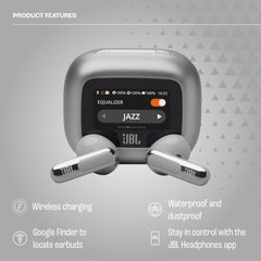 JBL Live Flex 3, Draadloze Oordopjes met Bluetooth, 50 uur Batterijduur, True Adaptive Noise Cancelling en Hoogwaardig JBL Signature Geluid, IP54 Waterproof, Open-Back Stick Ontwerp, Zilver