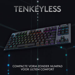 Logitech G915 TKL Tenkeyless LIGHTSPEED Mechanisch Gaming Toetsenbord, Zwart, Vlakke Schakelaars, LIGHTSYNC RGB, Draadloos met Bluetooth-ondersteuning - QWERTY US INTL Layout
