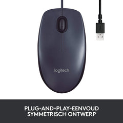 Logitech B100 USB Muis, 3 Knoppen, Optische Tracking, Links-en Rechtshandig, PC/Mac/Laptop - Zwart