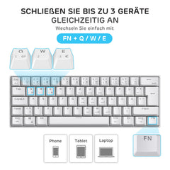 RK ROYAL KLUDGE RK61-DE mechanisch toetsenbord, 60% Bluetooth/bedraad, 2,4 GHz, 61 toetsen, hot-swap-compatibele bruine schakelaar, gaming-toetsenbord, compatibel met Win/Mac, wit, QWERTZ