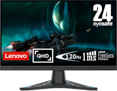 Lenovo G24qe-20 Gaming-monitor 23,8 inch (60,9 cm), 2K QHD met EyeSafe (IPS, 100 Hz, 1 ms, HDMI + DP, HDMI-kabel, FreeSync, metalen basis), kantelverstelling, zwart