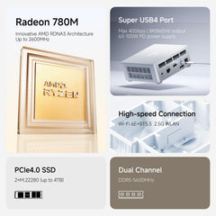 MINISFORUM UM870 Slim mini-pc, AMD Ryzen 7 8745H desktopcomputer (8C/16T, tot 4,9 GHz), DP/HDMI 2.1/USB4, 4 x USB Type A, WIFI6E/BT5.3, geen RAM/SSD