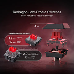 Redragon K618 Horus mechanisch RGB-toetsenbord, Bluetooth/2,4 GHz/bekabeld, tri-mode, platte toetsen, gamingtoetsenbord met draadloze verbinding, speciale media-besturing en lineaire rode schakelaar