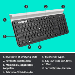 Logitech K780 Draadloos Toetsenbord, Bluetooth, Multi Device, PC/Windows/Laptop/Mac/iOS/Android, Geïntegreerde houder voor Mobiele Apparaten, QWERTY US International layout - Grijs/Wit