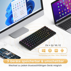 RK ROYAL KLUDGE RK84-DE 75% gaming-toetsenbord, 85 toetsen, compact bluetooth, mechanisch 2,4 GHz, bruine schakelaar, RGB achtergrondverlichting, voor Mac en Windows, zwart