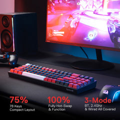 Redragon K628 Pro 75% draadloos RGB gaming-toetsenbord met 3 modi, 78 toetsen, hot-swap-compatibel compact mechanisch toetsenbord, rode schakelaar