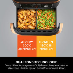 Ninja Foodi FlexDrawer Airfryer, Dubbele Zone met Verwijderbare Verdeler, Grote 10,4L Lade, 7-1, Dual Zone, Olievrij, Vaatwasmachinebestendige Onderdelen met Anti-aanbaklaag, Zwart en Koper, AF500EUCP