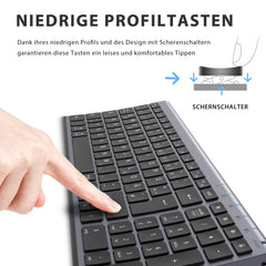 iClever Bluetooth Toetsenbord BK10, Oplaadbaar Toetsenbord Bluetooth Ergonomisch Full Size Duitse standaard QWERTZ stabiele verbinding voor iPad, iPhone, Mac, iOS, Android, Win, Grijs Zwart