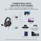EKSA Gaming headset, 7.1 surround sound pc-headset met ruisonderdrukkende microfoon, USB & 3,5 mm audio-aansluiting, ledlicht, superlichte gaming-hoofdtelefoon voor pc/Mac/Switch/PS4/PS5/Xbox One