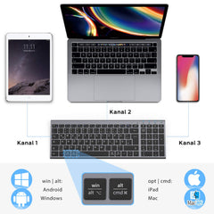iClever Bluetooth Toetsenbord BK10, Oplaadbaar Toetsenbord Bluetooth Ergonomisch Full Size Duitse standaard QWERTZ stabiele verbinding voor iPad, iPhone, Mac, iOS, Android, Win, Grijs Zwart