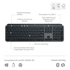 Logitech MX Keys S PLUS draadloos toetsenbord en met polssteun, laag profiel, vloeiend, precies en stil typen, programmeerbaar, Bluetooth, USB C, Windows PC, Linux, Chrome, Mac, QWERTY US Intl, Grijs