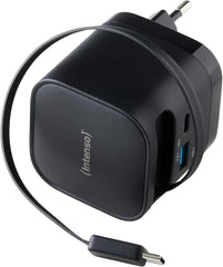 Intenso W65ACIC 65W GaN Snellader - USB-C met Uittrekbare Kabel & USB-A - Zwart