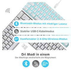RK ROYAL KLUDGE RK61-DE mechanisch toetsenbord, 60% Bluetooth/bedraad, 2,4 GHz, 61 toetsen, hot-swap-compatibele bruine schakelaar, gaming-toetsenbord, compatibel met Win/Mac, wit, QWERTZ