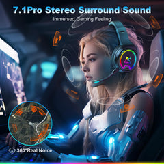 Krysenix PG4 RGB Draadloze Gaming Headset voor PS4, PS5, PC - 2,4 GHz 7.1 Surround Sound, Bluetooth Gaming Hoofdtelefoon met AI Afneembare Ruisonderdrukkende Microfoon, 48 uur Batterij voor Laptop,