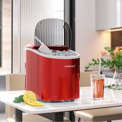 COSTWAY IJsblokjesmachine, 2,2 liter, 12 kg/24 uur, ijsmaker, 9 ijsblokjes in 6-13 min, elektrische ijsblokjesmachine met mand, schep, 2 ijsmaten (rood)