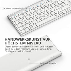 iClever Draadloos toetsenbord, muisset, oplaadbaar draadloos toetsenbord en muis, QWERTZ-lay-out (Duits), ultra dun voor computer/desktop/pc/laptop/Windows 10/8/7, wit en zilver