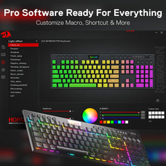 Redragon K618 Horus mechanisch RGB-toetsenbord, Bluetooth/2,4 GHz/bekabeld, tri-mode, platte toetsen, gamingtoetsenbord met draadloze verbinding, speciale media-besturing en lineaire rode schakelaar