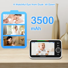 HelloBaby Monitor met camera en audio, 5 '' groot scherm met 3500 mAh batterij, externe Pan-Tilt-Zoom-camera, tweerichtingsgesprek, ECO-modus, auto-nachtzicht, bereik tot 900 voet en geen wifi