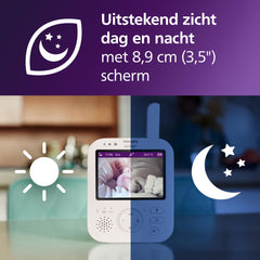 Philips Avent Premium babyfoon, afgeschermde en veilige babyfoon, camera/audio, DEKRA gecertificeerd, wit, 8,9 cm (3,5") scherm, 4x zoom, nachtzicht, 2-weg audio, kamertemperatuur, SCD891/26