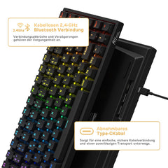 RK ROYAL KLUDGE RK84-DE 75% gaming-toetsenbord, 85 toetsen, compact bluetooth, mechanisch 2,4 GHz, bruine schakelaar, RGB achtergrondverlichting, voor Mac en Windows, zwart