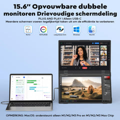 HONGO Draagbare Monitor voor Laptop, 15.6 Inch 1080P FHD Dubbel Scherm IPS, Draagbare Scherm 360° Rotación en USB-C Poort, Portable Monitor voor Laptop/PC/Mac/PS4/5/Xbox/Teléfono (No Driver)