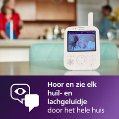 Philips Avent Premium babyfoon, afgeschermde en veilige babyfoon, camera/audio, DEKRA gecertificeerd, wit, 8,9 cm (3,5") scherm, 4x zoom, nachtzicht, 2-weg audio, kamertemperatuur, SCD891/26