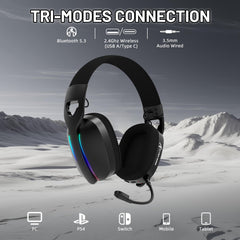 MAMBASNAKE x ATTACK SHARK L90 Flodable Ultra-Light Wireless Gaming Headset, 7.1 Surround Sound, BT5.3/2.4Ghz/Wired, RGB, 40mm neodymium drivers, Pluggable Microphone, voor PC/PS4/PS5/Switch/Xbox-Zwart