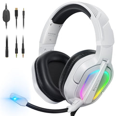 Krysenix PG2 Gaming Headset voor PS4/PS5/PC/Xbox One, Ergonomisch ontwerp Over Ear met AI Stereo Microfoon Geluid, Computer Headset met 3,5 mm Jack & RGB Licht Wit
