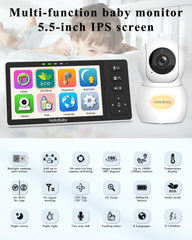 HelloBaby Babyfoon met 1080p babycamera, videobabyfoon met camera en nachtzicht, 5,5 inch gesplitst IPS-scherm, geen wifi, ECO-modus, 2-weg audio, pan-Tilt-Zoom, 1000ft, Temp Time Display, Nachtlampje