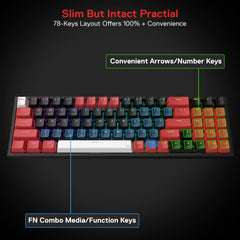 Redragon K628 Pro 75% draadloos RGB gaming-toetsenbord met 3 modi, 78 toetsen, hot-swap-compatibel compact mechanisch toetsenbord, rode schakelaar