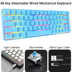 RGB Gaming Toetsenbord en Muis Set, 68 Toetsen Blue Switches 60% Mini Mechanisch Keyboard, 6400DPI Honingraat Lichtgewicht Optische Mouse, USB Bedraad, Compatibel met Windows Mac PS4 XBox, Blauw