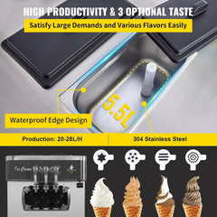 20-28 L/h 2400W Commercial Ice Cream Maker 3 Flavours Hard Ice Cream Maker for Yogurt, Coffee, Snack Bar, Restaurant, Supermarket