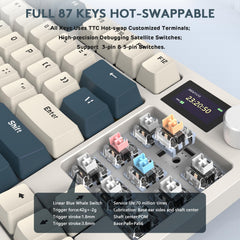 RK86 Pro 75% Draadloos Mechanisch Toetsenbord, 2.4G/BT5.0/USB-C Bedraad Tri-mode Gamingtoetsenbord, QWERTY, 1,2'' TFT HD-Kleurenscherm en Knob, RGB-Backlit Hot-Swap Linear Switch PBT Keycap - Wit