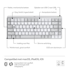 Logitech MX Mechanical Mini voor Mac, Draadloos Verlicht Mini-Toetsenbord, Stille Tactiele Toetsen, Concave Toetsen met Achtergrondverlichting, Bluetooth/USB-C, Apple/iPad, QWERTY US Intl - Pale Grey