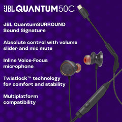 JBL Quantum 50C, Bedrade In-Ear USB-C Gaming Headset met JBL QuantumSURROUND Geluid, Multiplatform Compatibiliteit, Stemgerichte Microfoon, Volumeregelaar en Microfoondemping, in Zwart