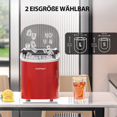 COSTWAY IJsblokjesmachine, 2,2 liter, 12 kg/24 uur, ijsmaker, 9 ijsblokjes in 6-13 min, elektrische ijsblokjesmachine met mand, schep, 2 ijsmaten (rood)