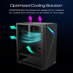 GAMDIAS PC-hoes, ATX Gaming Mid Tower, gereedschapsvrij, gehard glas zijpaneel, pre-installatie 1 x 120 mm ARGB-ventilator, ARGB-lichtstrip voorpaneel, zwart