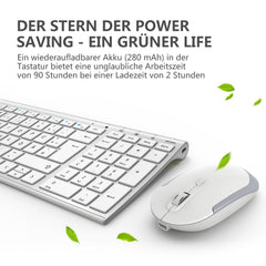 iClever Draadloos toetsenbord, muisset, oplaadbaar draadloos toetsenbord en muis, QWERTZ-lay-out (Duits), ultra dun voor computer/desktop/pc/laptop/Windows 10/8/7, wit en zilver