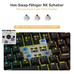 RK ROYAL KLUDGE RK84-DE 75% gaming-toetsenbord, 85 toetsen, compact bluetooth, mechanisch 2,4 GHz, bruine schakelaar, RGB achtergrondverlichting, voor Mac en Windows, zwart