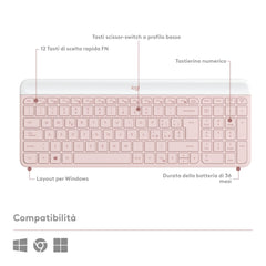 Logitech MK470 Dun, Draadloos Toetsenbord- en Muis Combo - Moderne, Compacte Lay-out, Ultra Stil, 2.4 GHz USB-ontvanger, Plug-and-Play-connectiviteit - Italiaans QWERTY indeling - Roza