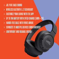 JBL Tune 720BT draadloze on-ear koptelefoon in zwart - Met JBL Pure Bass Sound, Bluetooth 5.3, handsfree bellen, audiokabel en 76 uur batterijduur