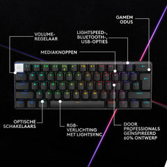 Logitech G PRO X 60 LIGHTSPEED, draadloos gaming toetsenbord, ultracompact mechanisch 60% TKL-toetsenbord, LIGHTSYNC RGB, toetsen van dubbellaags PBT, Optical Tactile, Windows PC, US INTL - Zwart